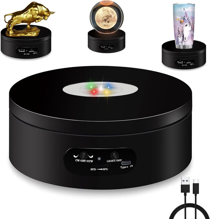 YVV LED Rotating Display Stand, Lighted Base-Crystal Glass Art, 360 Degree Automatic Mute Rotating Turntable, Motorized Display Stand with Colorful Lights, Tumbler Supplies Spinner 4.72in - Image 1